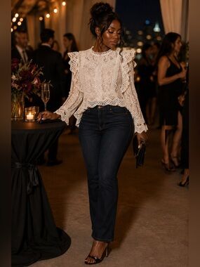 SHEIN White Lace Victorian Blouse. Crochet Ruffle Long Sleeve Top. Sz US 8